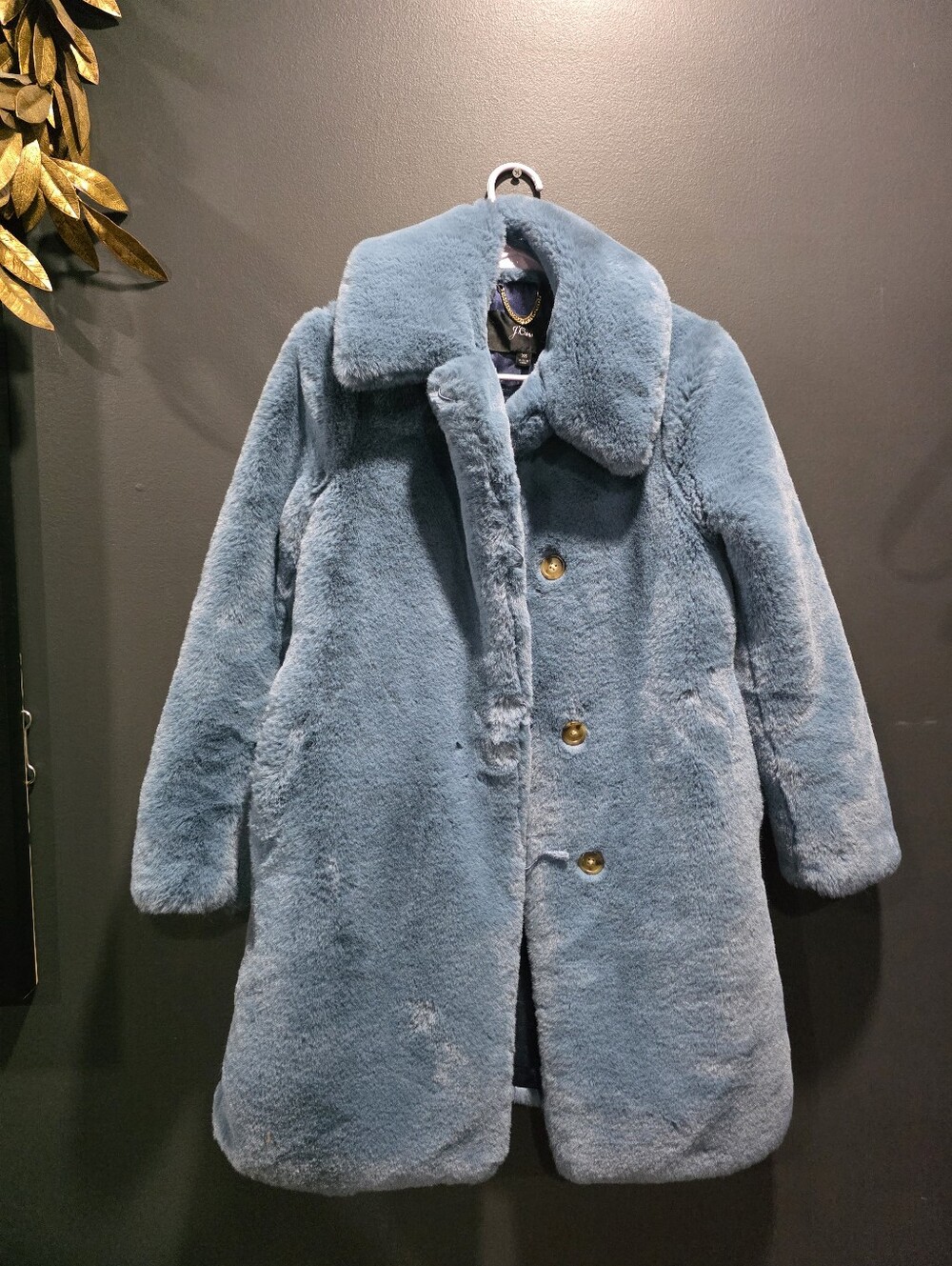 J. Crew Dusty Blue Plush Faux Fur Coat Wide Collar Sz XS Indie Sleaze Mob Wife